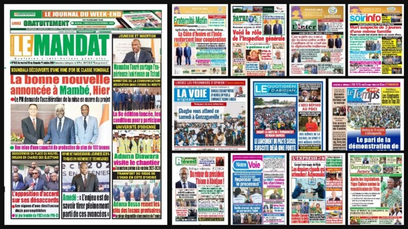 Titrologie du 9 octobre 2026 : montage des unes du Mandat, de Fraternité Matin, du Patriote, de La Voie originale et du Nouveau Réveil