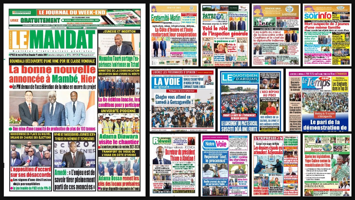 Titrologie du 9 octobre 2026 : montage des unes du Mandat, de Fraternité Matin, du Patriote, de La Voie originale et du Nouveau Réveil
