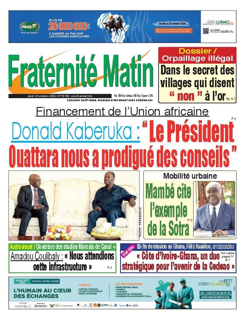Une de Fraternité Matin du jeudi 22 octobre 2026