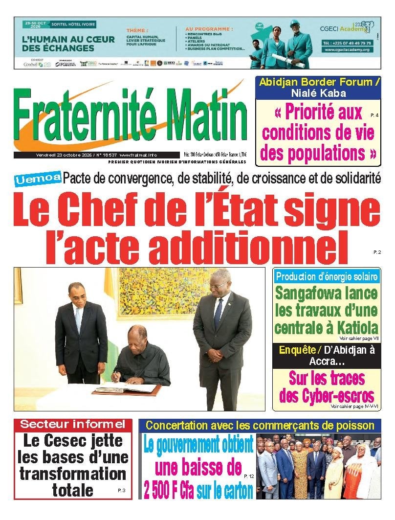 Une de Fraternité Matin du 23 octobre 2026