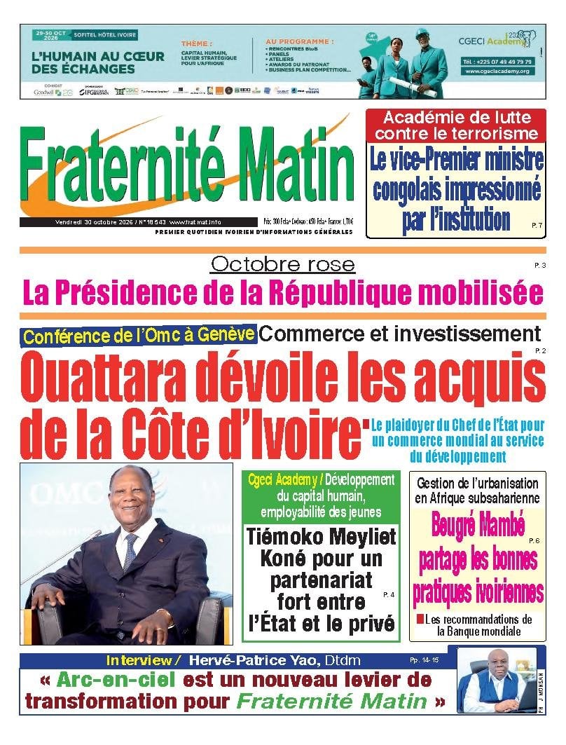 Une de Fraternité Matin du 30 octobre 2026