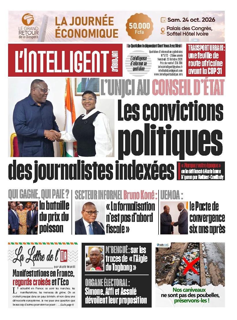 Une de L'Intelligent d'Abidjan du 23 octobre 2026