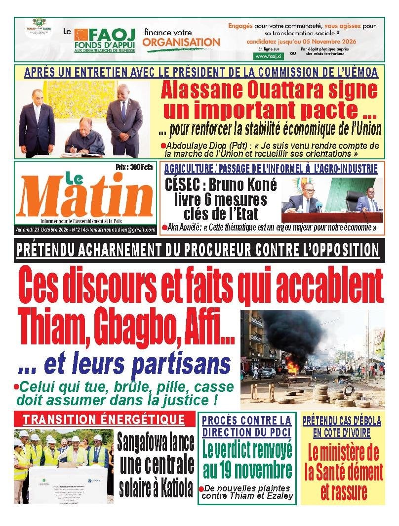 Une de Le Matin du 23 octobre 2026