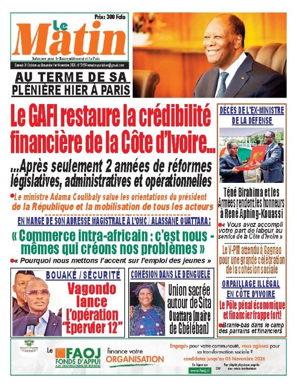 Une de Le Matin du samedi 31 octobre 2026